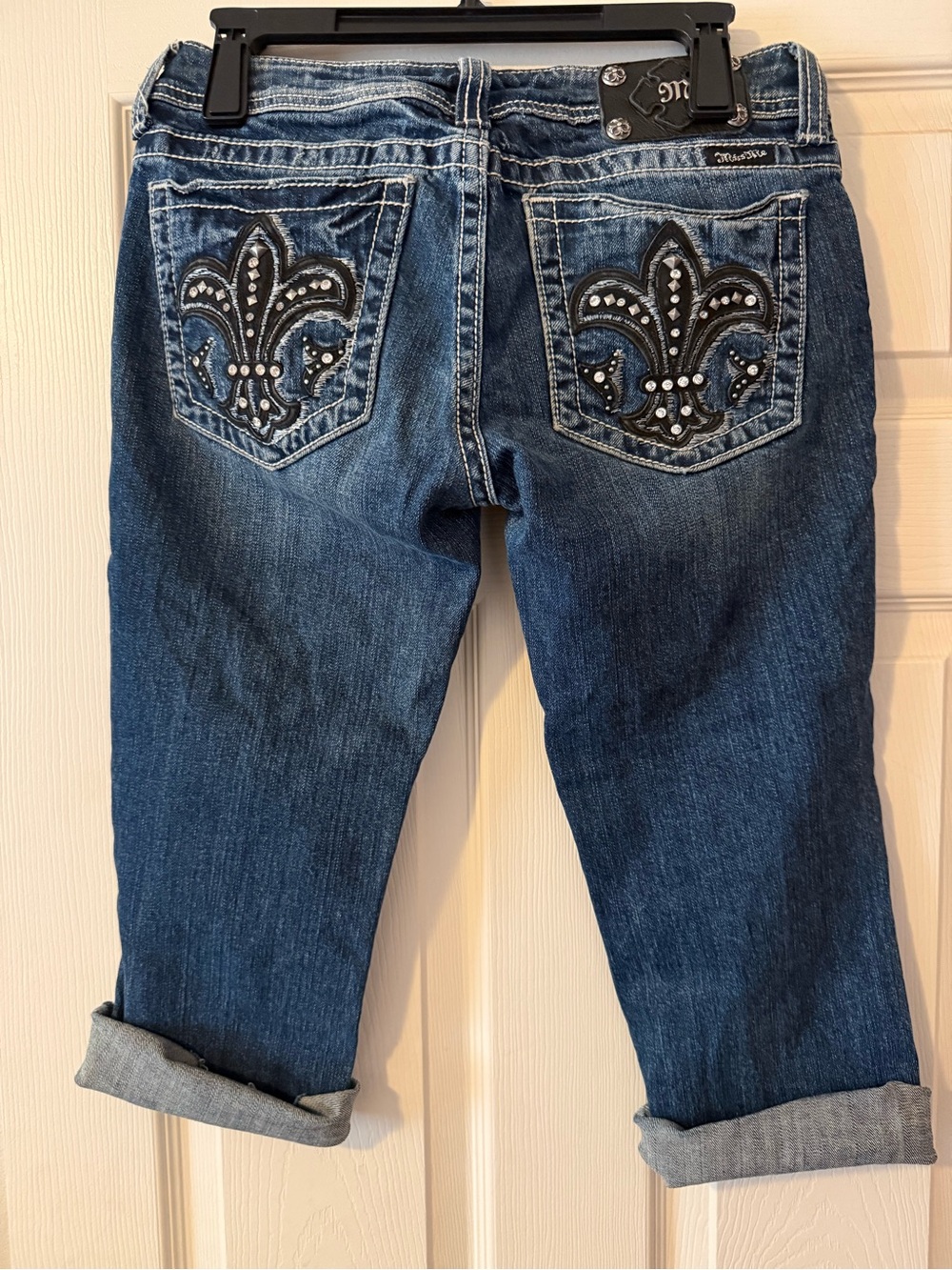 Miss Me Dark Blue Denim Boyfriend Jeans with Embellished Fleur-de-Lis Pockets